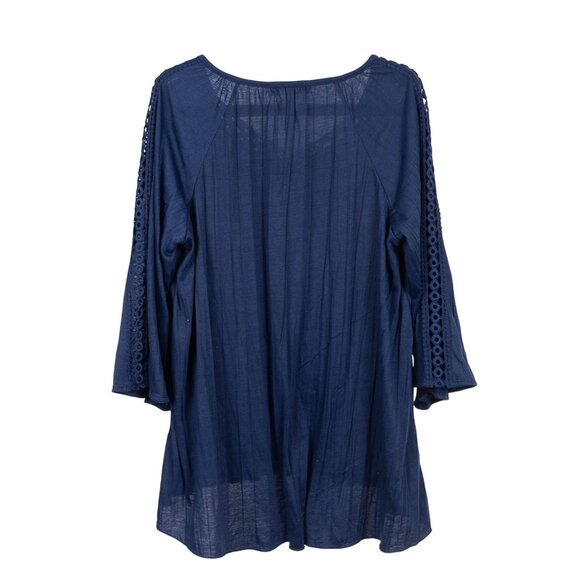 New York Laundry Peasant Blouse L Womens Navy Blue Crochet Tie 3/4 Bell Sleeves - Picture 7 of 7